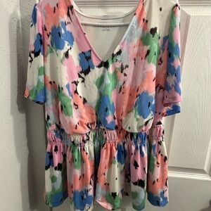 Ava & Viv Green and Blue Flutter Sleeve Peplum Blouse